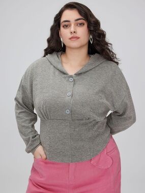 CIDER KNIT SOLID BUTTON CORSET CROP HOODIE CURVE & PLUS 16/18 (1X) NWT